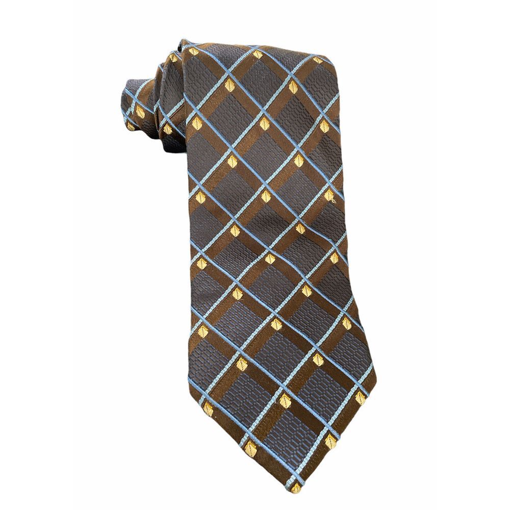 Ermenegilo Zegna Men's 100% Silk‎ Blue/Brown Plaid Textured Tie Italy 3 5/8" euc